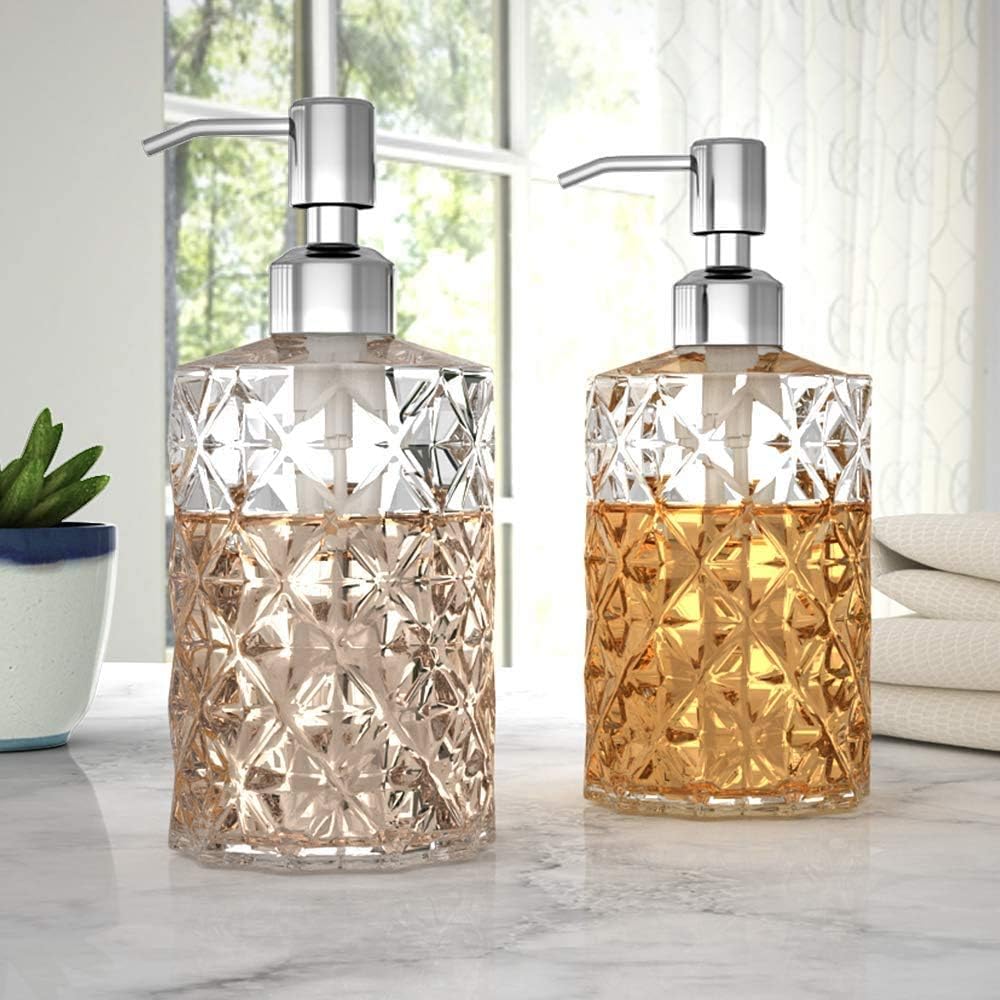 GLADPURE Soap Dispenser - 2 Pack, 12 Oz Clear Diamond Design Glass Refillable Hand Soap Dispensers; with 304 Rust Proof Stainless Steel Pump, Lotion Dispensers for Kitchen, Bathroom - Image 5