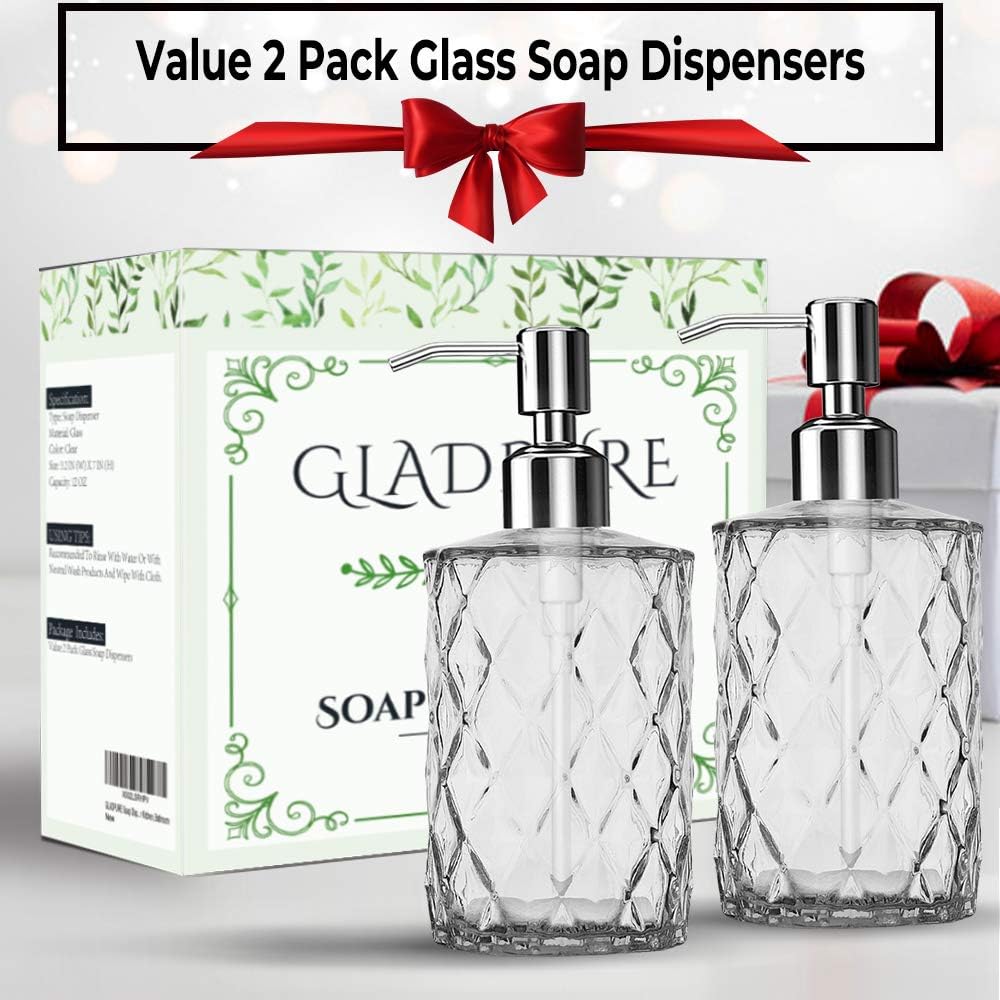 GLADPURE Soap Dispenser - 2 Pack, 12 Oz Clear Diamond Design Glass Refillable Hand Soap Dispensers; with 304 Rust Proof Stainless Steel Pump, Lotion Dispensers for Kitchen, Bathroom - Image 7