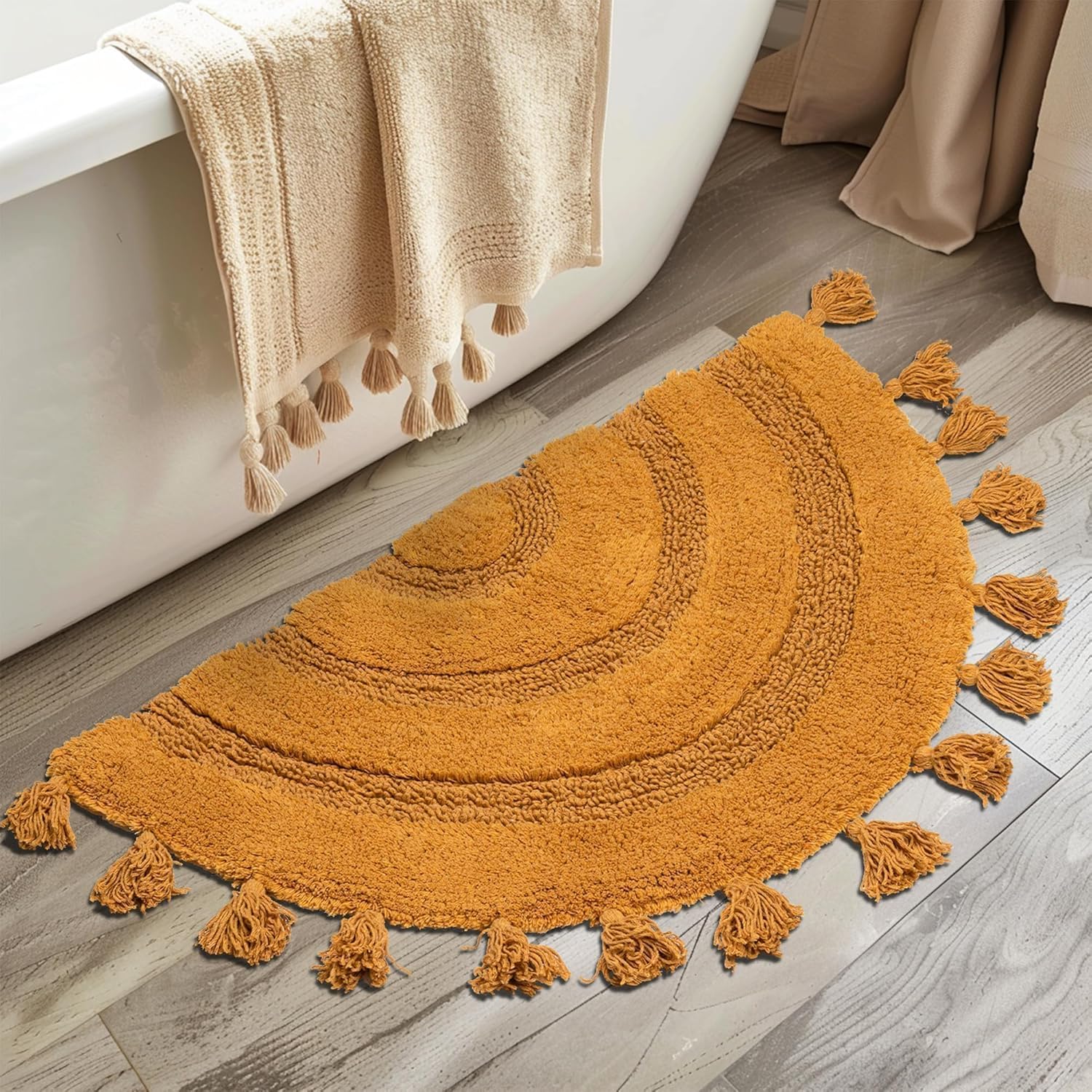 Half Circle Boho Bathroom Rugs with Tassels 100% Cotton Hand-Woven Bath Rugs Non Slip Absorbent Crochet Rugs Machine Washable Boho Bath Mats for Bathroom Floor Tub