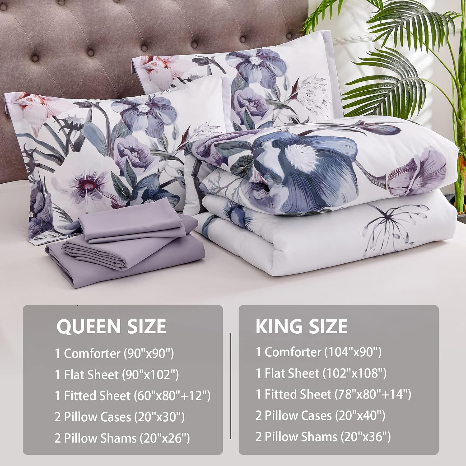 Luxudecor Floral Comforter Set Queen Size 7 Piece, Purple Flower Bed in a Bag, Elegant Floral Comforter with Sheet Set, Soft Microfiber Bedding Set for All Season (Purple, 90"x90") - Image 7