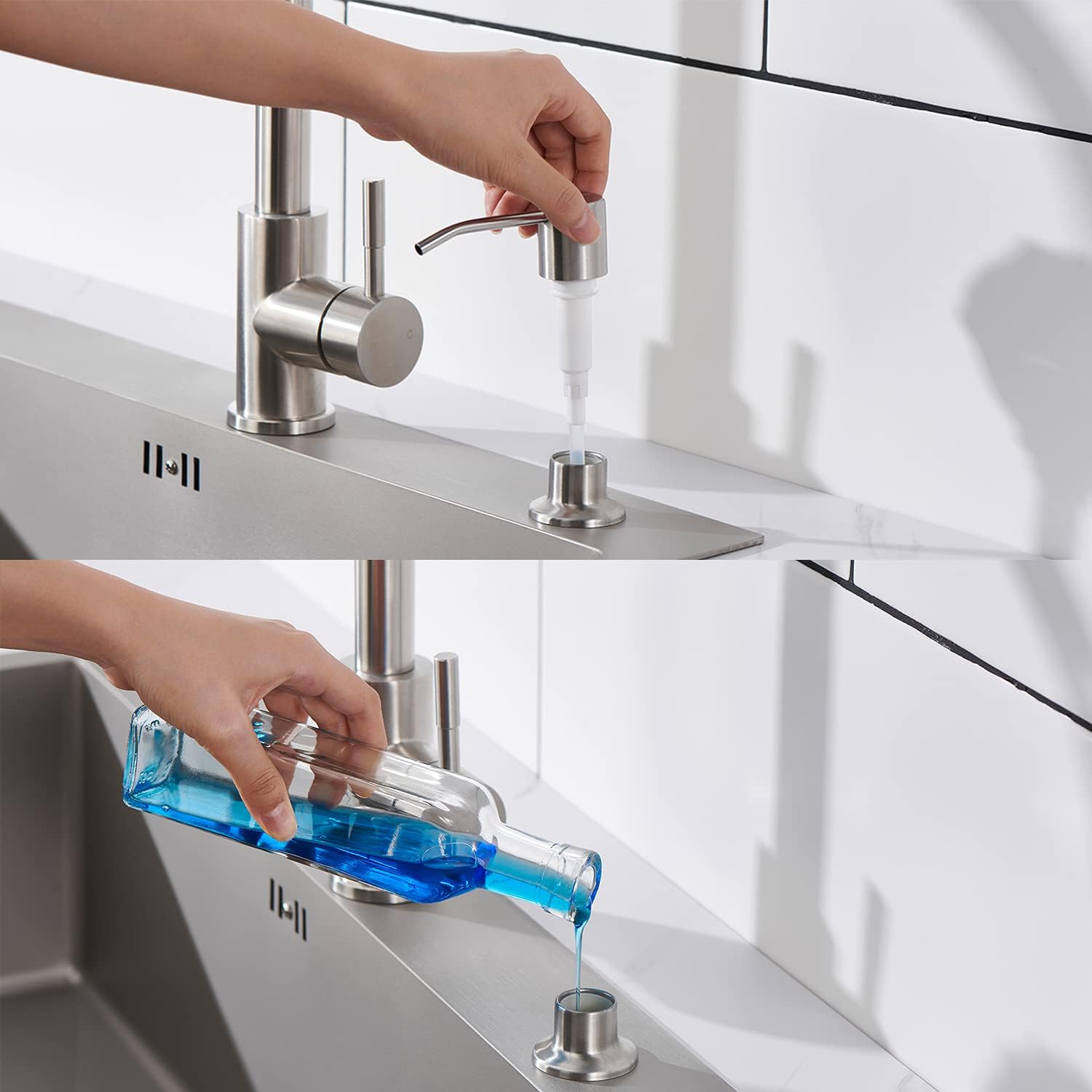 Sink Soap Dispenser Brushed Nickel, Soap Dispenser for Kitchen Sink Stainless Steel Refill from The Top Built in Sink Soap Dispensers with 13 OZ Soap Bottle - Image 4
