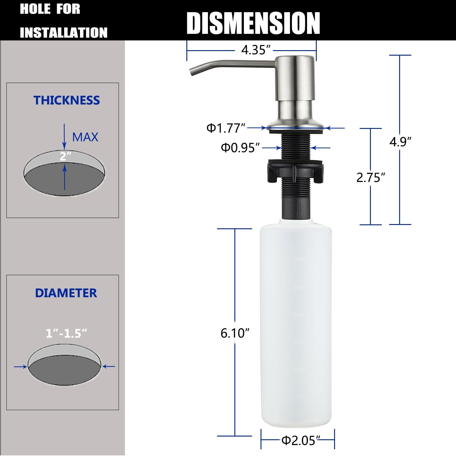 Sink Soap Dispenser Brushed Nickel, Soap Dispenser for Kitchen Sink Stainless Steel Refill from The Top Built in Sink Soap Dispensers with 13 OZ Soap Bottle - Image 6